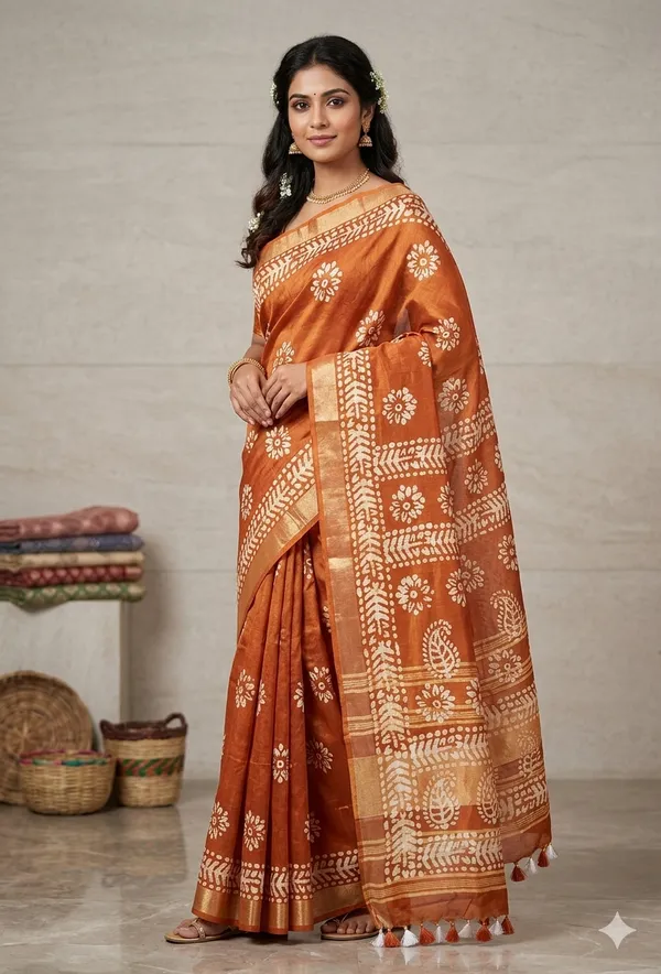 Rust_Batik_Print_Linen_Slub_Saree_With_Runnig_Blouse_Piece_For_Women