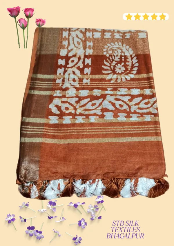 Rust_Batik_Print_Linen_Slub_Saree_With_Runnig_Blouse_Piece_For_Women