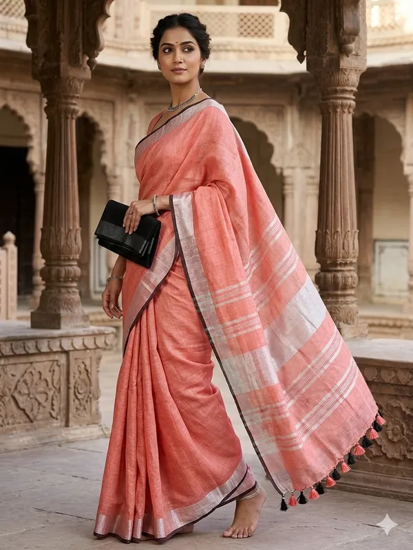 Peach_Linen_Slub_Saree_With_Contrast_Blouse_Piece_For_Women