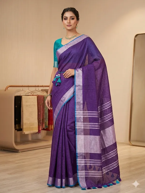 Purple_Linen_Slub_Saree_With_Contrast_Blouse_Piece_For_Women