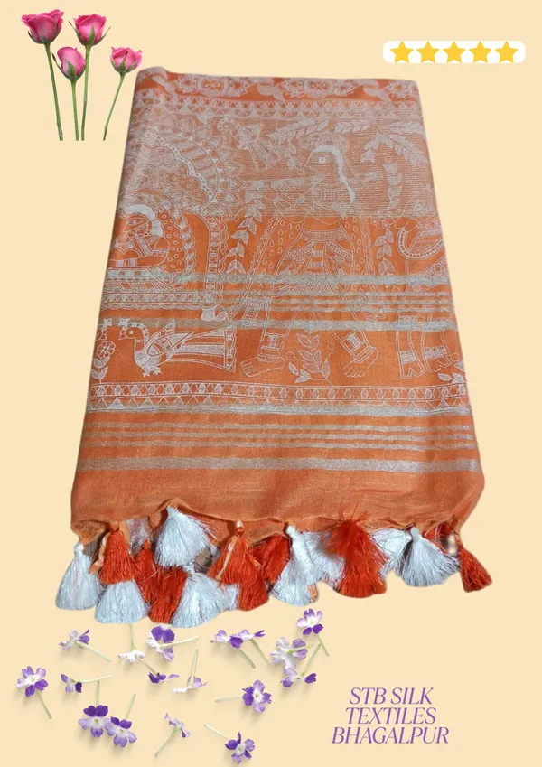 Orange_Bhagalpuri_Khari/Block_Print_Linen_Slub_Saree_With_Runnig_Blouse_Piece_For_Women