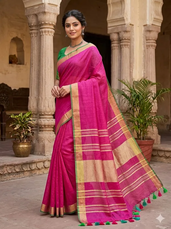 Pink_Linen_Slub_Saree_With_Contrast_Blouse_Piece_For_Women