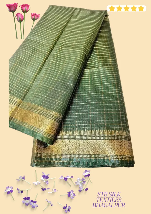 Women's_Bhagalpuri_Handwoven_Mini_Checks_Semi_Tussar_Soft_Silk_Saree_With_Designer_Zari_Border_Weaving,_Unstitched_Running_Blouse_Piece
