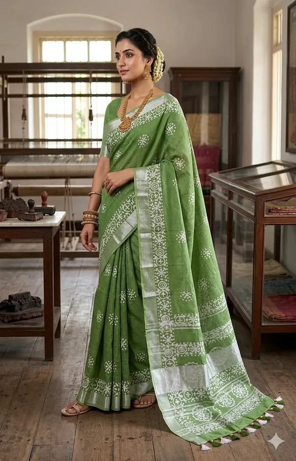 Green_Silver_Zari_Border_Cotton_Linen_Saree_With_Hand_Batique_Print_Unstitched_Running_Blouse_Piece_For_Women