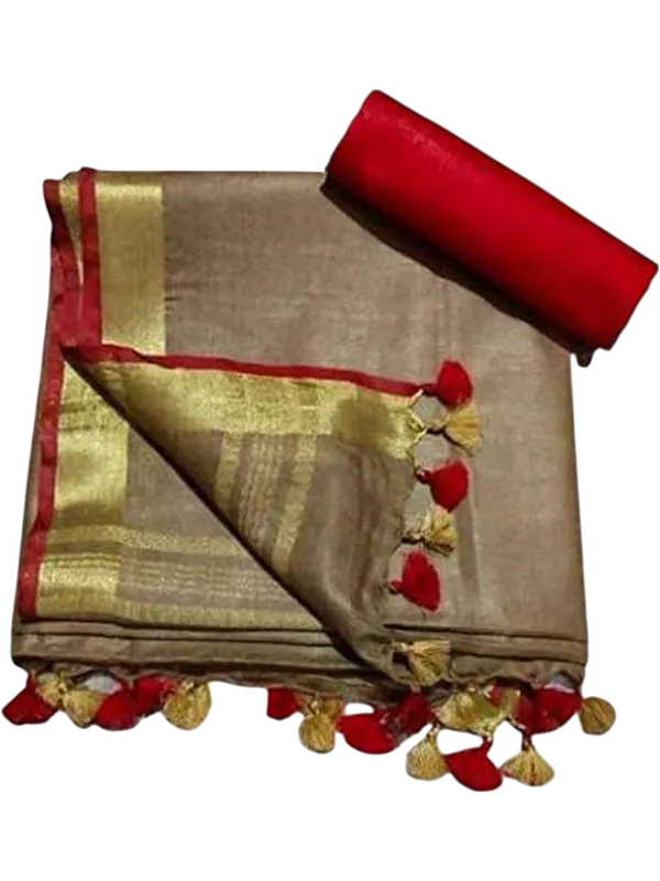 Brown_Linen_Slub_Saree_With_Contrast_Blouse_Piece_For_Women