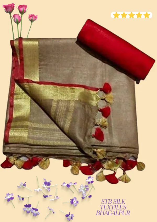 Brown_Linen_Slub_Saree_With_Contrast_Blouse_Piece_For_Women