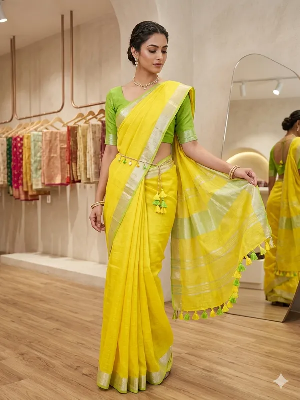 Yellow_Linen_Slub_Saree_Wih_Contrast_Blouse_Piece_For_Women