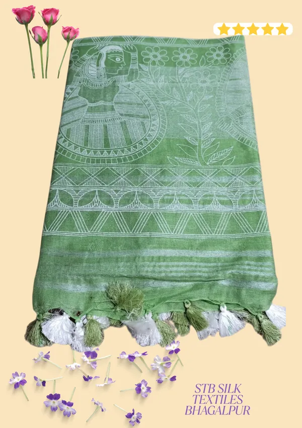 Green_Bhagalpuri_Khari/Block_Print_Linen_Slub_Saree_With_Runnig_Blouse_Piece_For_Women