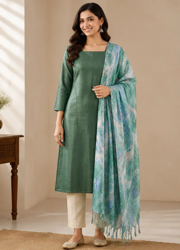 Green_Cotton_Silk_Unstitched_Salwar_Suit_Dress_Material_With_Marble_Print_Dupatta._For_Women