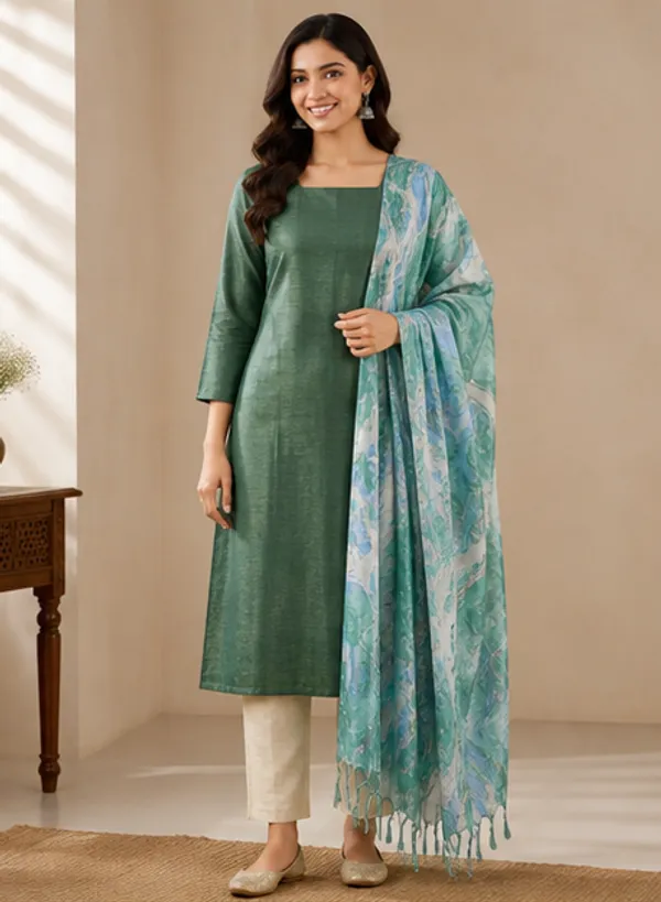 Green_Cotton_Silk_Unstitched_Salwar_Suit_Dress_Material_With_Marble_Print_Dupatta._For_Women