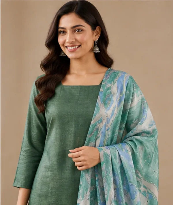 Green_Cotton_Silk_Unstitched_Salwar_Suit_Dress_Material_With_Marble_Print_Dupatta._For_Women