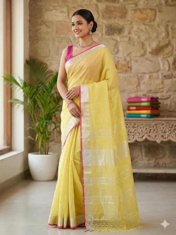 Cream_Linen_Slub_Saree_With_Contrast_Blouse_Piece_For_Women