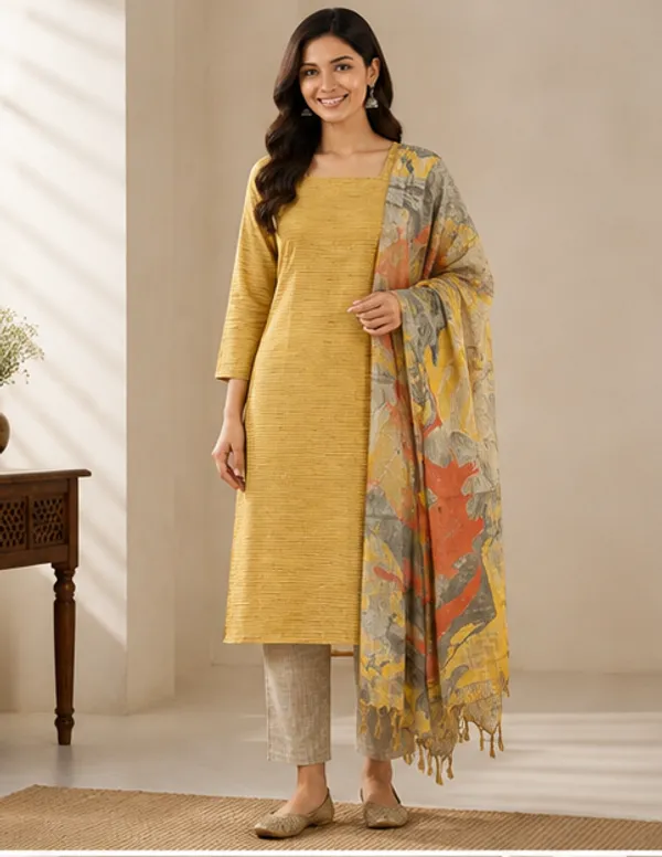 Yellow_Cotton_Silk_Unstitched_Salwar_Suit_Dress_Material_With_Marble_Print_Dupatta_For_Women