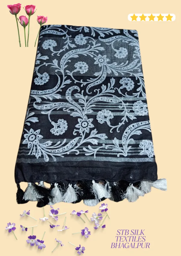 Black_Bhagalpuri_Khari/Block_Print_Linen_Slub_Saree_With_Runnig_Blouse_Piece_For_Women