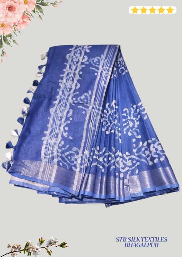 Blue_Bhagalpuri_Linen_Slub_Saree_With_Blouse_Piece_For_Women