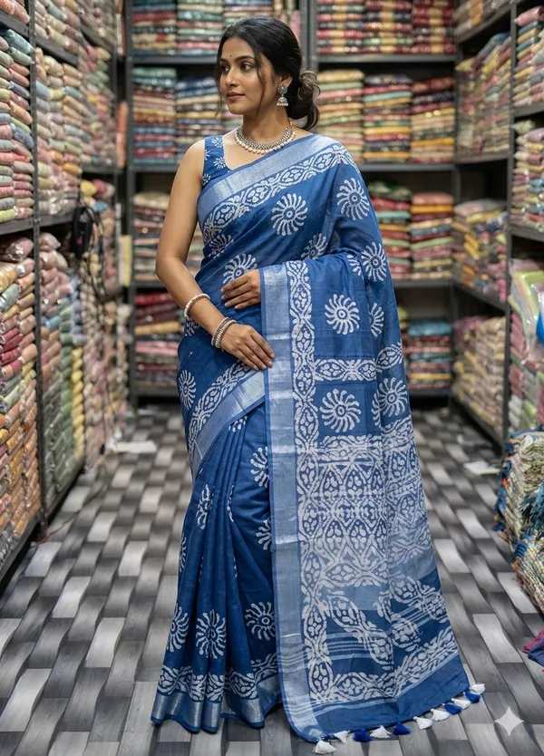 Blue_Bhagalpuri_Linen_Slub_Saree_With_Blouse_Piece_For_Women