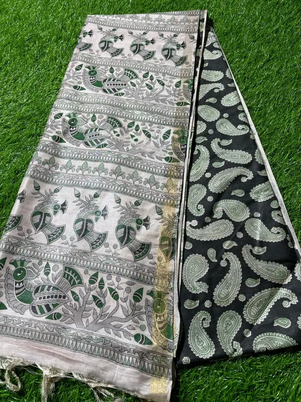 Black_Green_Madhubani_Print_Semi_Tussar_Soft_Silk_Saree_With_Atteched_Blouse_Piece_For_Women