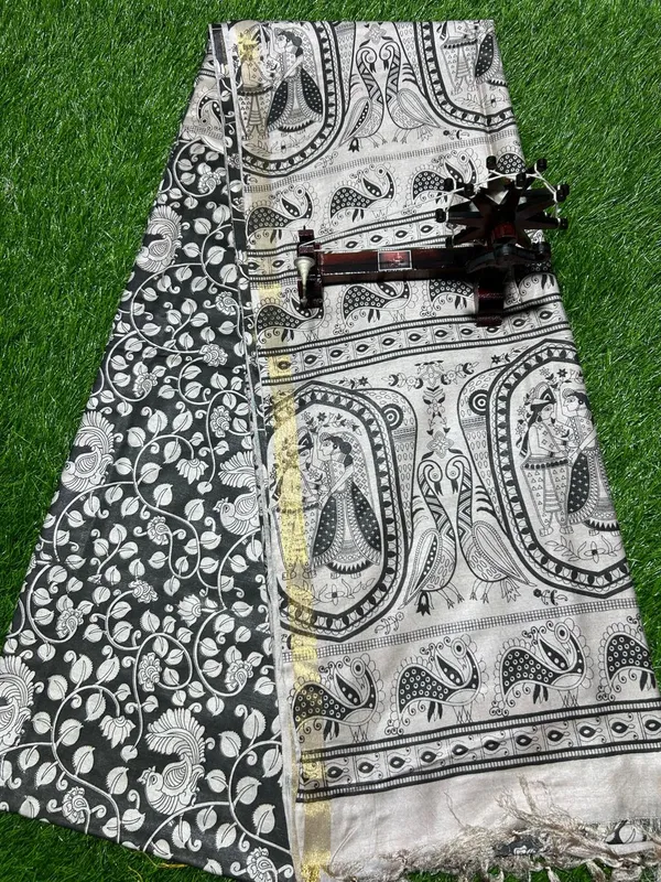 Black_Madhubani_Print_Semi_Tussar_Soft_Silk_Saree_With_Atteched_Blouse_Piece_For_Women
