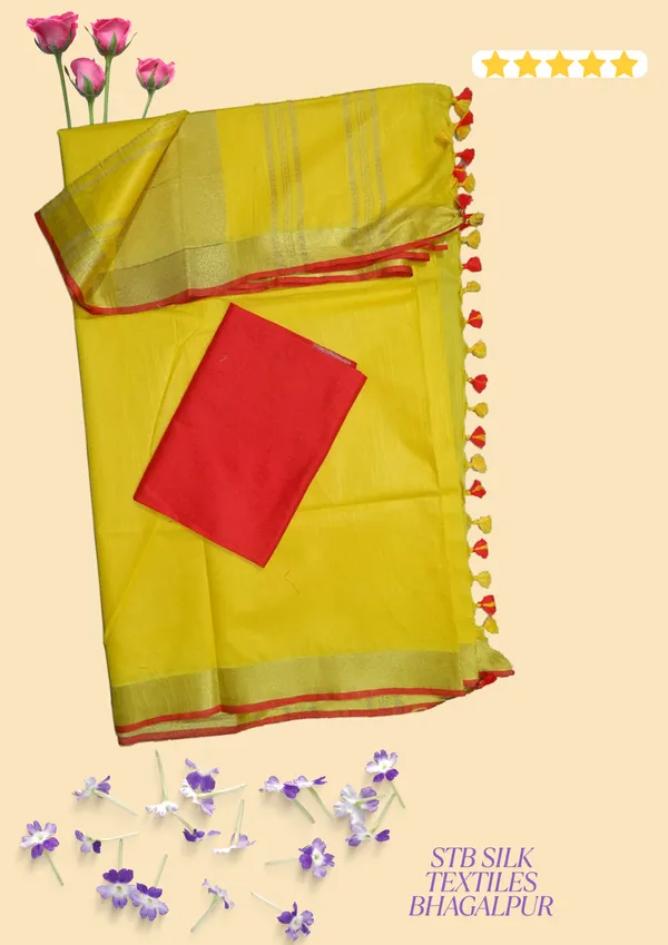 Yellow_Bhagalpuri_Linen_Slub_Saree_With_Contrast_Blouse_Piece_For_Women