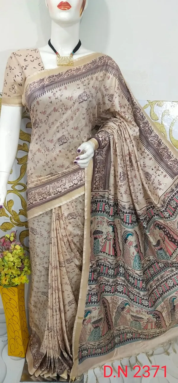 Women's_Semi_Tussar_Silk_Madhubani_Print_Saree_With_Running_Blouse_Piece