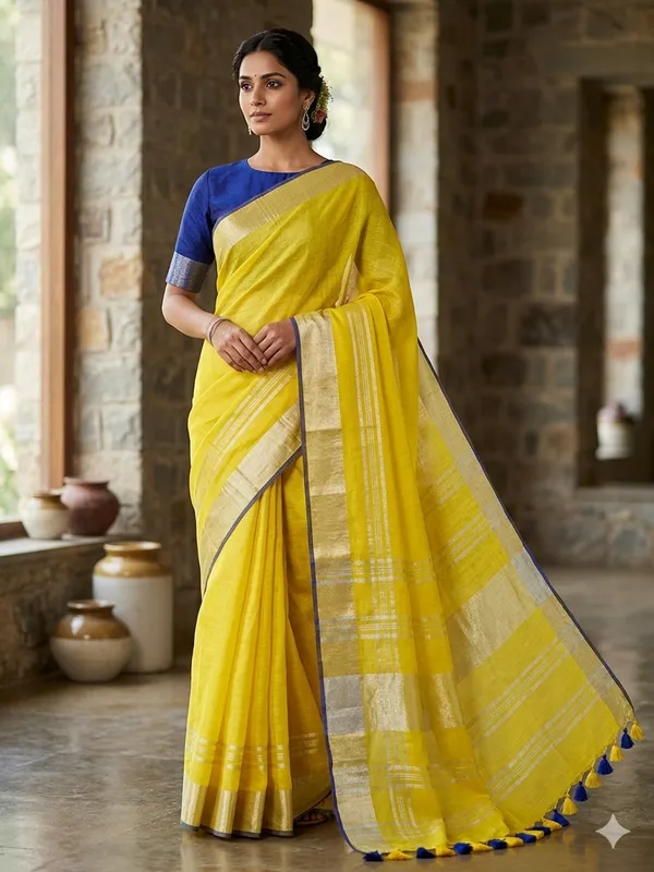 Yellow_Linen_Slub_Saree_With_Contrast_Blouse_Piece_For_Women