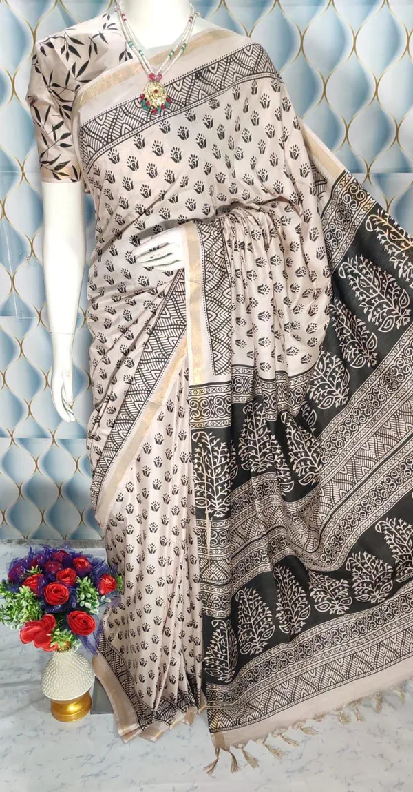Black_Black_Madhubani_Print_Semi_Tussar_Soft_Silk_Saree_With_Atteched_Blouse_Piece_For_Women