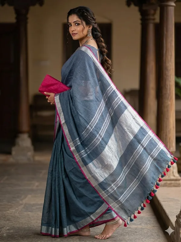 Grey_Linen_Slub_Saree_With_Contrast_Blouse_Piece_For_Women