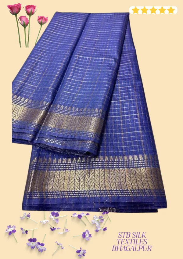 Women's_Bhagalpuri_Handwoven_Mini_Checks_Semi_Tussar_Soft_Silk_Saree_With_Designer_Zari_Border_Weaving,_Unstitched_Running_Blouse_Piece