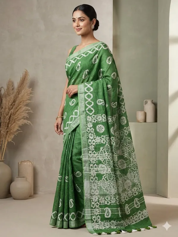 Green_Bhagalpuri_Linen_Slub_Printed_Saree_With_Blouse_Piece_For_Women