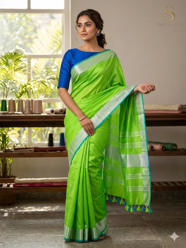 Green_Linen_Slub_Saree_With_Contrast_Blouse_Piece_For_Women