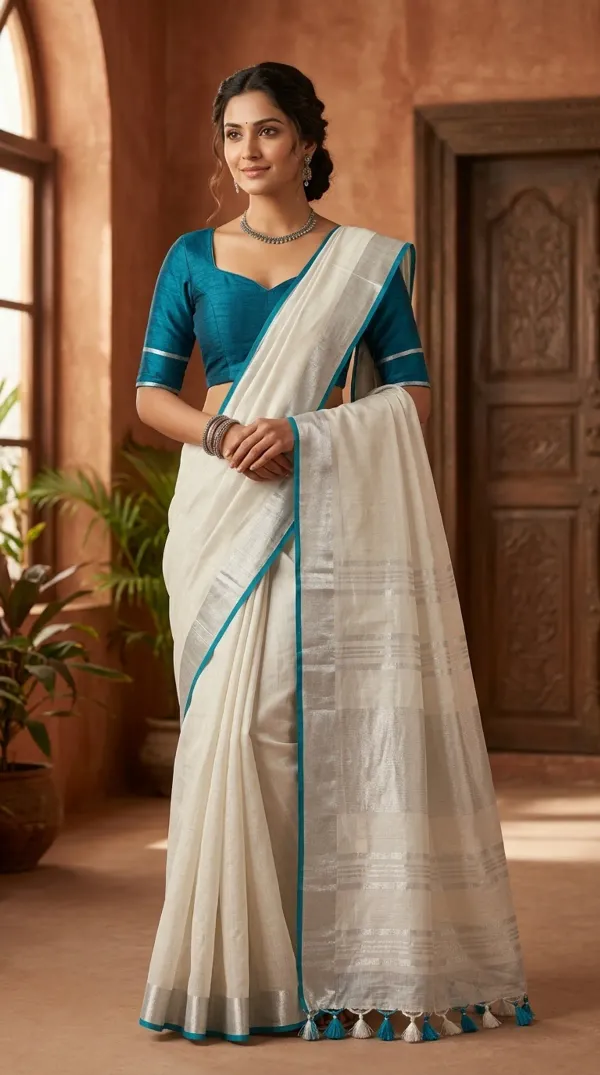 White_Bhagalpuri_Linen_Saree_With_Blouse_Piece_For_Women