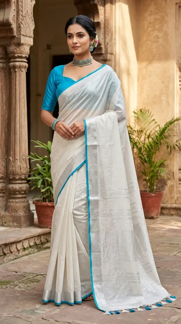 White_Bhagalpuri_Linen_Saree_With_Blouse_Piece_For_Women
