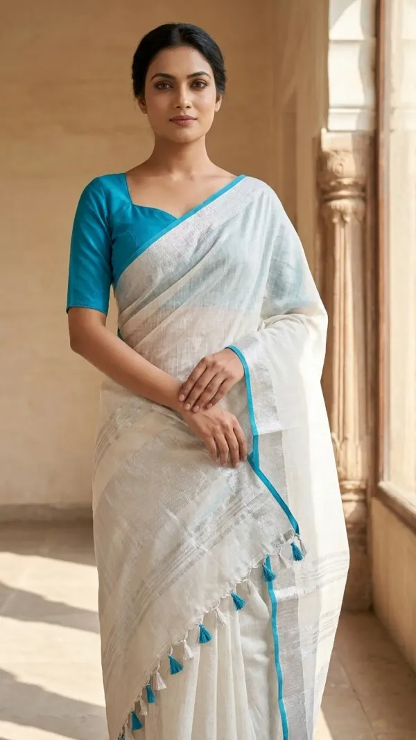White_Bhagalpuri_Linen_Saree_With_Blouse_Piece_For_Women