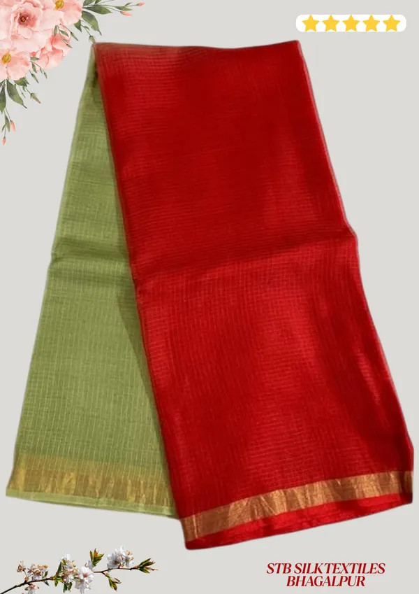 Green_&_Red_Bhagalpuri_Pure_Kota_Doria_Silk_Saree_With_Small_Zari_Boder_And_Running_Blouse_Piece_For_Women