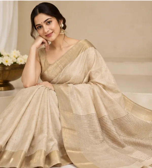 Beige_Bhagalpuri_Linen_Silk_Saree_With_Unstitched_Blouse_Piece_For_Women