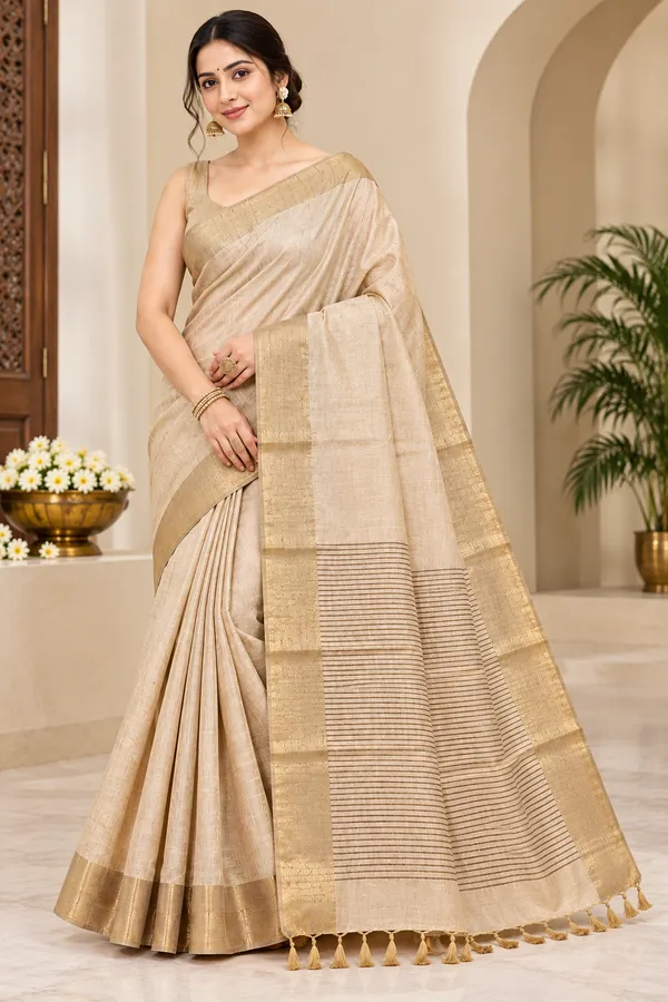 Beige_Bhagalpuri_Linen_Silk_Saree_With_Unstitched_Blouse_Piece_For_Women
