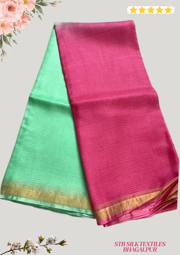 Green_&_Pink_Bhagalpuri_Pure_Kota_Doria_Silk_Saree_With_Small_Zari_Boder_And_Running_Blouse_Piece_For_Women