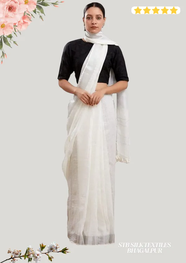 White_Silk_Icon_Linen_Snow_White_Saree_With_Plain_Zari_Border_Running_Blouse_Piece_For_Women
