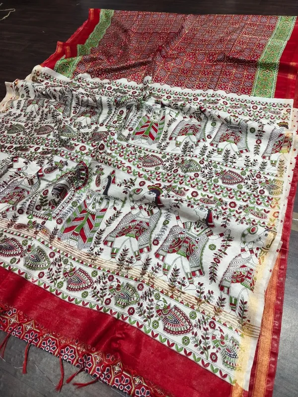 Women's_Semi_Tussar_Silk_Madhubani_Print_Saree_With_Running_Blouse_Piece