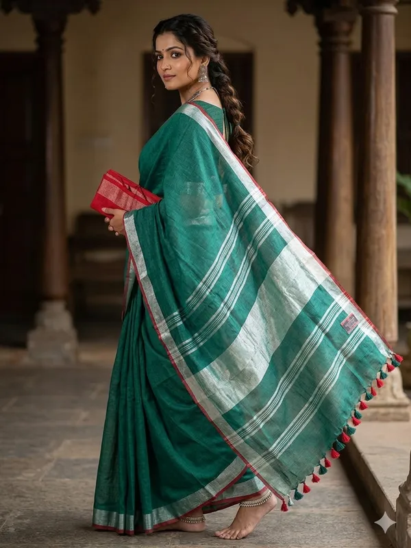 Green_Linen_Slub_Saree_With_Contrast_Blouse_Piece_For_Women