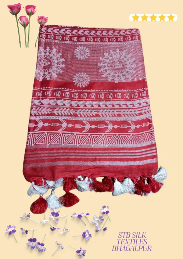 Red_Bhagalpuri_Khari/Block_Print_Linen_Slub_Saree_With_Runnig_Blouse_Piece_For_Women