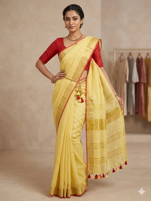 Cream_Linen_Slub_Saree_With_Contrast_Blouse_Piece_For_Women