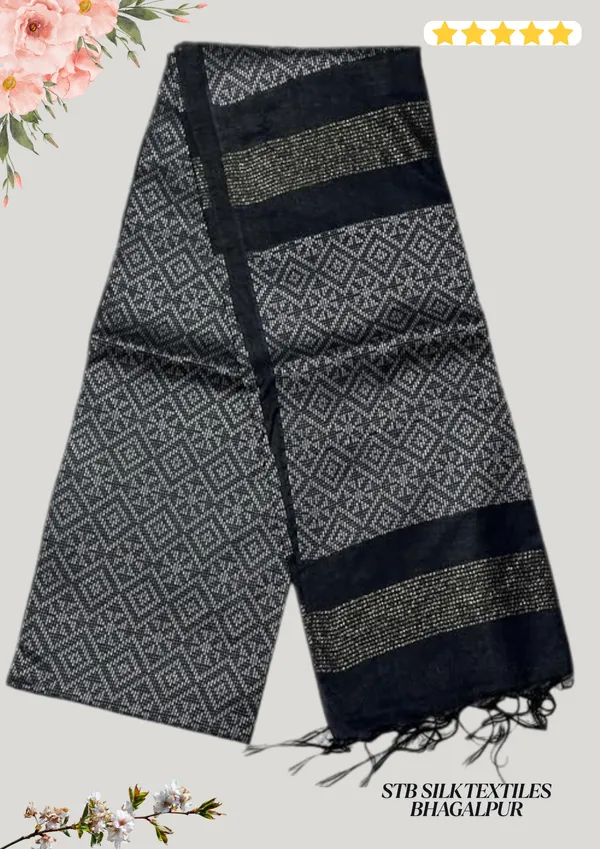 Black_Handwoven_Threads_Weaving_Semi_Tussar_Soft_Silk_Saree_With_Atteched_Blouse_Piece_For_Women