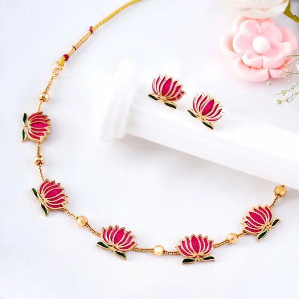 Lotus_Design_Matte_Gold-Plated_Beads_Chain_Necklace_Set