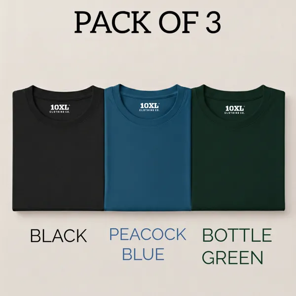 Pack_of_3_Plus_Size_Plain_Black,_Peacock_Blue_and_B_Green_Round_Neck_T-Shirt_(2101)