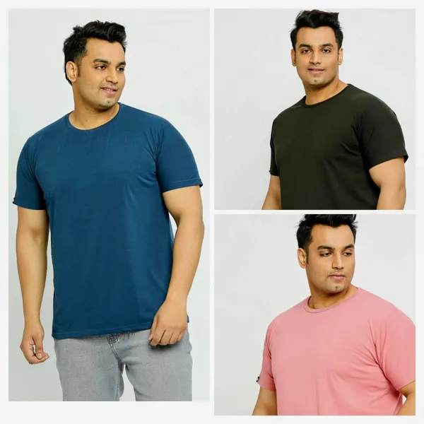 Pack_of_3_Plus_Size_Bottle_Green_,_Peacock_Blue_and_Rose_Gold_Round_Neck_T-Shirt_(2101)