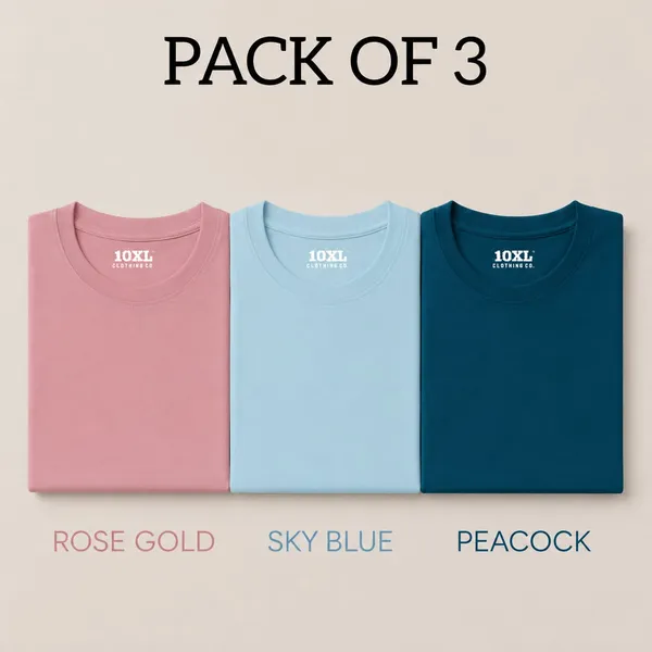Pack_of_3_Plus_Size_Plain_Rose_Gold,_Sky_and_Peacock_Round_Neck_T-Shirt_(2101)