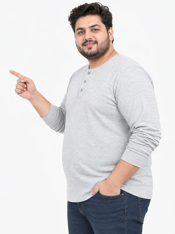 Plus_Size_Plain_Melange_Grey_Henley_T-Shirt_(2201)