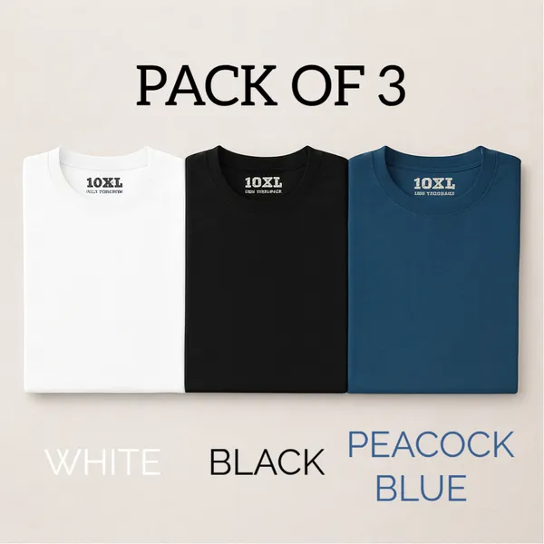 Pack_of_3_Plus_Size_Plain_Peacock_Blue,_White_and_Black_Round_Neck_T-Shirt_(2101)