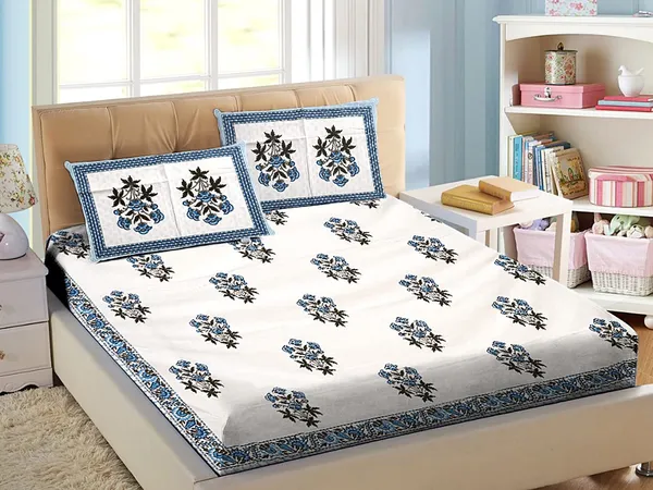 Blue_Pure_Cotton_King_Size_Bedsheet_Set_108_*_108_Inches